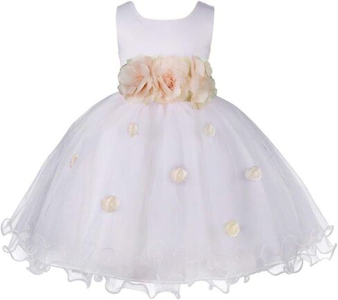 Pink Promise Girl's Baby's White Flower Petals Ruffled Tulle Wedding Dress in Kuwait