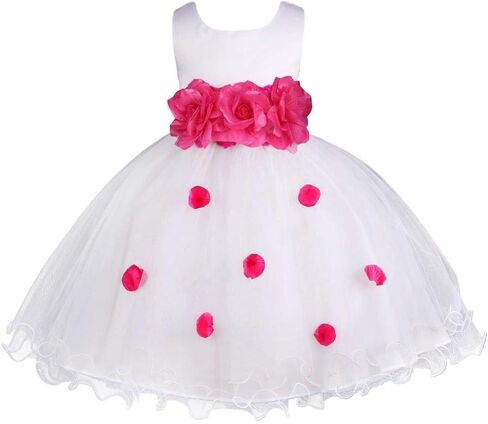 Pink Promise Girl's Baby's White Flower Petals Ruffled Tulle Wedding Dress in Kuwait
