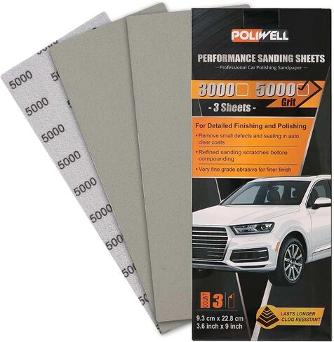 POLIWELL Auto Performance Sandpaper 3 Pack, 3.6 in x 9 in 5000 Grit Clear Coat Polish Sandpaper, Fine Grade Abrasive Sanding Sheet for Wet Polishing Car Detail Scratches, Refined Finishes in Saudi Arabia