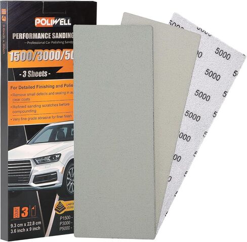 POLIWELL Auto Performance Sandpaper 3 Pack, 3.6 in x 9 in 5000 Grit Clear Coat Polish Sandpaper, Fine Grade Abrasive Sanding Sheet for Wet Polishing Car Detail Scratches, Refined Finishes in Saudi Arabia