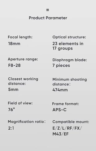 AstrHori 18mm F8 APS-C Frame 2X Macro Probe Lens Specialty Lens Built-in Ring Fill Light for Sony E Mount FX30 A7 A7R A7S A7MIV A6400 A6500 A6600 NEX Series,etc. in Saudi Arabia