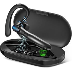 Bluetooth Headset, Wireless Bluetooth Earpiece with 400mAh Charging Case 55 Hours Talking Time Built-in Microphone for iOS Android Cell Phone, V5.1 Hand-Free Headphones for Trucker, I33 Office - Black