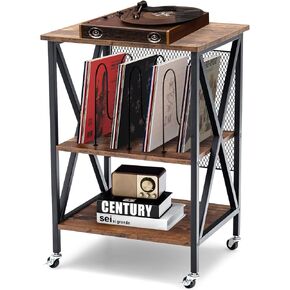 Tangkula Record Player Stand ، 3 Tier Rolling Durntable Stand W/3 مقسمات للألبومات ، حامل سجل فينيل ريفي لغرفة المعيشة ، إطار فولاذي وعجلات قابلة للقفل ، طاولة نهاية خمر (بني)