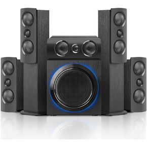 5.1 Surround Sound Speaker System with 6.5" Subwoofer Stereo, Home Theater System with Five 1" Tweeters and Ten 2.5" Mids, Supports RCA/BT/Optical Inputs for TV PCs, Black Textured Wood Case