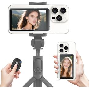 Wireless Selfie Monitor Screen for iPhone & Android, 1800mAh Magnetic Phone Vlog Selfie Screen with Bluetooth Remote, 3-Level Brightness, Wireless Mirroring for Back Camera TikTok Live No Delay Grey