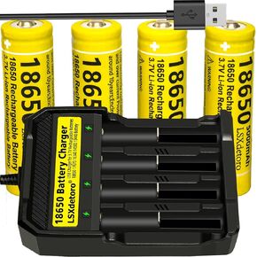 4pcs 1￵8￵6￵5￵0 Rechargeable Batter￵y W￵i￵th 18650 Battery Charger,Universal Smart Charger for 3￵.7V L￵ithium ion Batteries LSXdetoro (4pcs Button Top Batter￵￵y+Charger)
