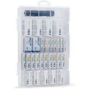 EBL Rechargeable Batteries Combo Box Include: 20 PCS 2800mAh AA Size, 16 PCS 1100mAh AAA Size, 5 PCS C Size Battery Adapters, 4 PCS D Size Battery Adapters, 2 PCS 9V Battery, and a Small Flashlight