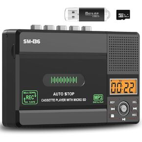 Small Cassette Tape Player, USB C or SD Card Audio Cassette to MP3 Digital Converter, Record to Cassette/Computer/SD Card via Mic, LCD Display, Loud Speaker, Headphone Jack,16GB SD Card