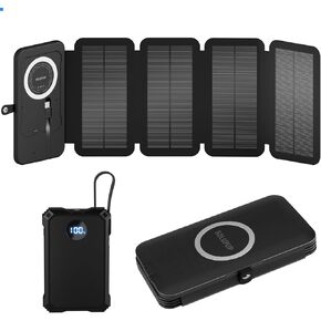 10000mAh Solar Power Bank, Detachable Solar Panel, 14W Foldable, Magnetic Charging, 5 Port Fast Charging, IPX5 Waterproof, Works Separately for Phones/Tablets, Camping Outdoor