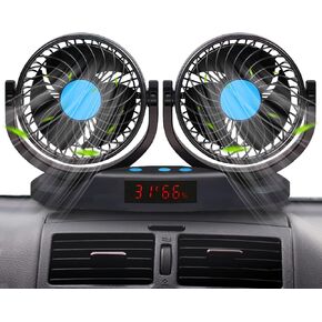 12V Car Fan, 5'' Portable Auto Cooling Fan, Adjustable Dual Head 360° Rotatable, 12 Speed Cigarette Lighter Plug & LED Display for Sedan SUV RV Boat