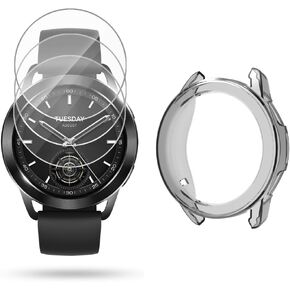 Watch Screen Protector + Watch Case Cover for Xiaomi S3, [3-Packs] Tempered Glass Film, Anti-Scratch, Bubble-Free, HD Clear, Shockproof Protection