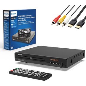 Philips DVD Players for TV with HDMI Port 1080P All Region HD DVD Player for Smart TV USB Input Remote Control Device, Mini DVD CD Player for Home Stereo System, HDMI and RCA Cable Included