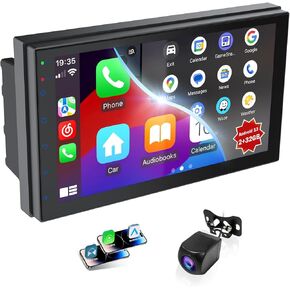 ستيريو سيارة مزدوجة DIN مزدوجة ، مع شاشة Apple Carplay وشاشة Android Auto للسيارة ، شاشة شاشة HD Touch مع رابط المرآة ، الكاميرا الاحتياطية ، AUX ، جهاز إرسال FM لجميع المركبات (2+32 جيجابايت)