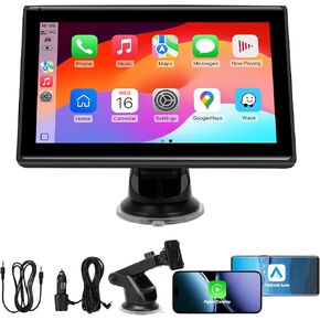 7" Portable Wireless CarPlay Screen for Car – Apple CarPlay & Android Auto, HD Touch Screen Car Stereo, Bluetooth, GPS Navigation, Voice Control, Plug-and-Play with FM/AUX/Mirror Link (Silver)