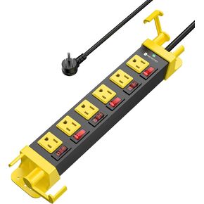 Heavy Duty Power Strip - 6 Outlet Power Strip with 6 Individual Switches Cord Manager Surge Protector 1200J Home Office Garage Industrial Workshop