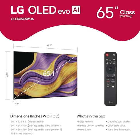 LG 65 بوصة فئة OLED EVO AI 4K G5 Series Smart TV W/Dolby Atmos ، Dolby Vision ، HDR10 ، AI Super Super Audscaling 4K ، Movidmaker Mode ، Wow Orchestra ، Alexa Breadist (OLED65G5WUA ، 2025) in Saudi Arabia