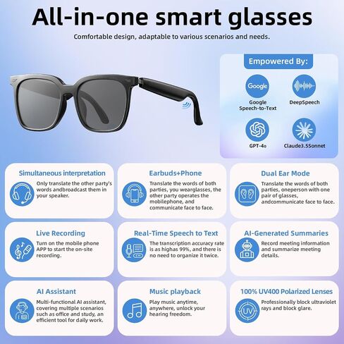 Smart Glasses, AI Bluetooth Glasses with Speaker, 144 Languages & Accents Real Time Translation, UV Protection AI Glasses with Bluetooth 5.4, Smart Sunglasses for Men & Woman (Noble Black) in Saudi Arabia