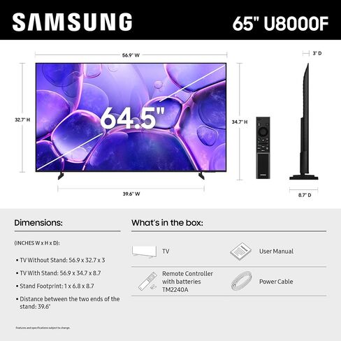 Samsung 55-Inch Class Crystal UHD U8000F 4K Smart TV (2025 Model) Endless Free Content, Processor, MetalStream Design, Knox Security, Compatible with Alexa in Kuwait