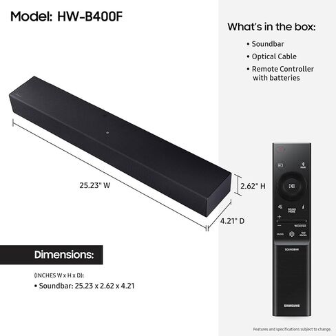 Samsung B-Series Soundbar HW B400F 2.0 CH Soundbar مع مضخم صوت مدمج (طراز 2025) عنصر تحكم عن بُعد ، تمدد الصوت المحيطي ، وضع تحسين الصوت in Kuwait