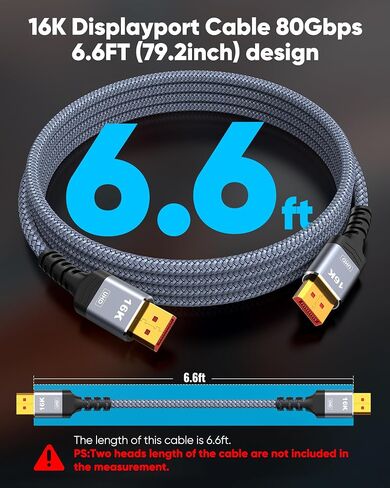 Highwings 80Gbps Displayport Cable 2.1 6.6FT, 16K@60Hz, 8K@120Hz, 4K@240Hz | DP 2.1 Cable 16K Braided Cord, Compatible with HDR10 DSC 1.2a, G-Sync FreeSync Gaming PC, Gaming Monitor 5090, AMD 7900XTX in Saudi Arabia