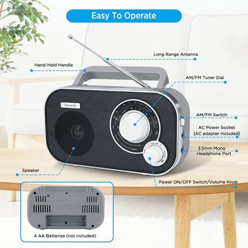 DreamSky AM FM Portable Radio Plug In Wall or Battery Operated for Home & Outdoor, Strong Reception & Sound, Large Dial Easy to Use, Transistor Antenna, Headphone Jack, Small Gifts for Seniors Elderly in Kuwait