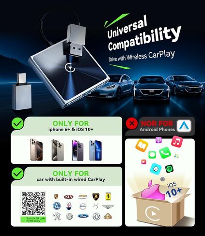 Wireless CarPlay Adapter for iPhone, Converts Wired to Wireless Apple CarPlay Adapter, Includes USB-A to USB-C Dongle, Easy Use, Stable Control, No Delay, Compatible with Cars from 2016 & iOS 10+ in Kuwait