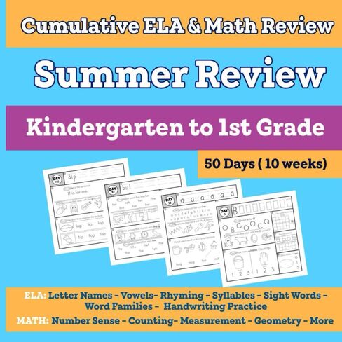Summer Review: Kindergarten to 1st Grade: Cumulative ELA & Math Review with Daily Practice Over 10 Weeks in Saudi Arabia