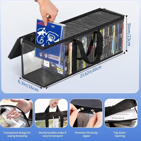 أكياس تخزين DVD ، أكياس منظم الوسائط لأقراص DVD ، أقراص مضغوطة ، قرص Blu Ray ، حالات الأفلام ، مربع VHS ، أقراص ألعاب الفيديو ، الألبومات ، الكتب ، أصحاب البلاستيك الشفاف مع مقابض Carrying (Black ، 4PPACK) in Kuwait