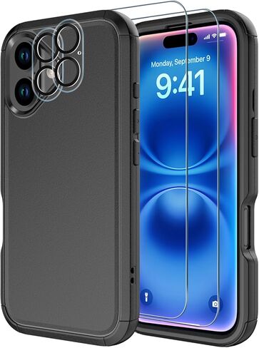 Diverbox for iPhone 16 Case [srackproof] [Dropproof] [حامي شاشة الزجاج المقرء + حماة الكاميرا] غطاء هاتف حماية الثقيلة لـ Apple iPhone 16 (أسود) in Kuwait