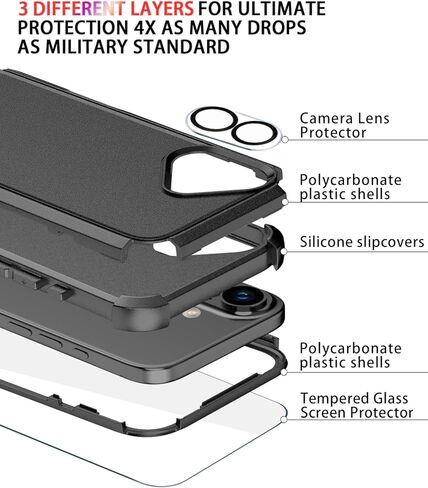 Diverbox for iPhone 16 Case [srackproof] [Dropproof] [حامي شاشة الزجاج المقرء + حماة الكاميرا] غطاء هاتف حماية الثقيلة لـ Apple iPhone 16 (أسود) in Kuwait