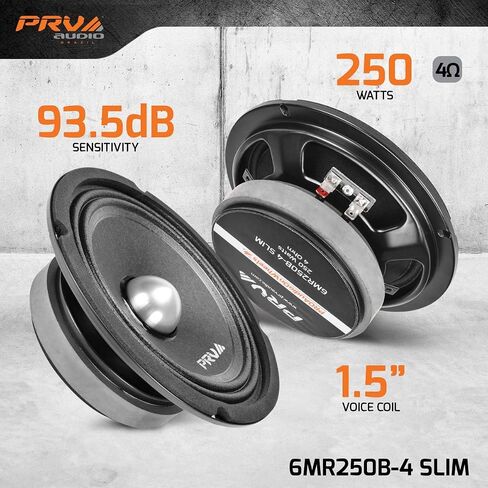 PRV Audio 2x 6mr250b-4 Slim Midrange 6.5 "مكبرات صوت ضحلة 250 واط 4 أوم ، مكبرات الصوت الرصاصة الصوتية النحيفة Mount Car للأبواب مع حبل واحد حصري (2 مكبرات صوت) in Kuwait