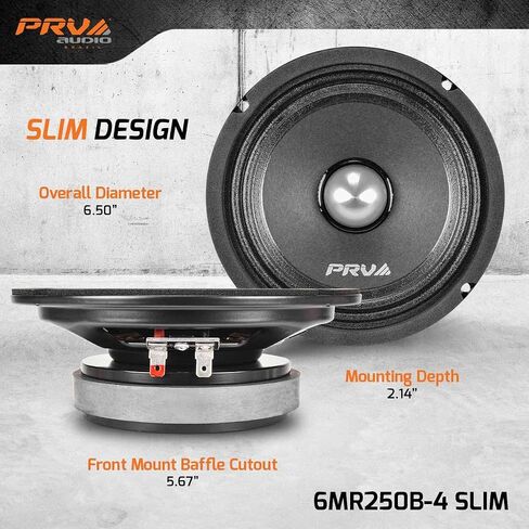 PRV Audio 2x 6mr250b-4 Slim Midrange 6.5 "مكبرات صوت ضحلة 250 واط 4 أوم ، مكبرات الصوت الرصاصة الصوتية النحيفة Mount Car للأبواب مع حبل واحد حصري (2 مكبرات صوت) in Kuwait