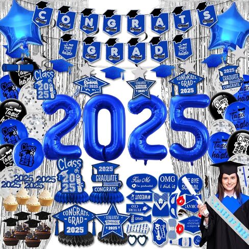 2024 Blue and Gold Graduation Party Decorations-Graduation Decorations Class of 2024 Party Supplies Set-Graduation Backdrop, Banner, Porch Sign, Balloons, Foil Fringe Curtains for Congrats Grad Party in Saudi Arabia