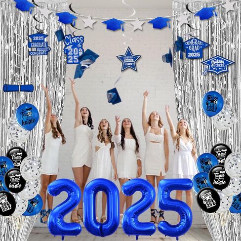 2024 Blue and Gold Graduation Party Decorations-Graduation Decorations Class of 2024 Party Supplies Set-Graduation Backdrop, Banner, Porch Sign, Balloons, Foil Fringe Curtains for Congrats Grad Party in Saudi Arabia