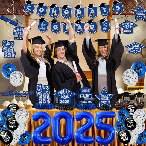 2024 Blue and Gold Graduation Party Decorations-Graduation Decorations Class of 2024 Party Supplies Set-Graduation Backdrop, Banner, Porch Sign, Balloons, Foil Fringe Curtains for Congrats Grad Party in Saudi Arabia