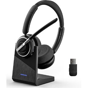 Wireless Headset, Bluetooth Headset with AI Noise Cancelling Mic, Bluetooth V5.2 Headphones with USB Dongle, Charging Base & Mic Mute for PC/Cell Phones/Call Center (Binaural, Black)