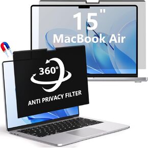 Magnetic MacBook Air 15 Inch Privacy Screen(2023-2025, M2, M3, M4), Removable Anti Glare Blue Light Macbook Pro Screen Protector, 360° Anti Spy and Easy Install Shield