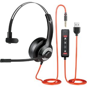 USB Headset with Mic for PC, On-Ear Computer Laptop Headphones with Noise Cancelling Microphone in-line Control for Home Office Online Class Skype Zoom (USB+3.5mm, Black)