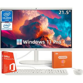HP All in one Desktop PC with Office Lifetime License, 21.5" FHD Display, 32 GB RAM, 1 TB SSD, Intel Celeron J4025, Webcam, Intel Graphics, Wi-Fi 6, Bluetooth, HDMI, Windows 11 Pro w/RH- Accessories