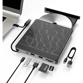 External Blu-ray Drive, 5-in-1 USB 3.0 & Type-C BD Reader, DVD/CD Burner with Dual USB-A Ports, SD/TF Slots – Portable Blu-ray Player for Laptop PC, Windows/Linux/Mac OS Compatible (5 in 1)