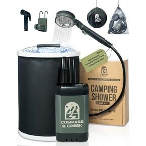 Portable Camping Shower Pump - Electric High Pressure Outdoor Camp Shower Kit with 3.9 Gal Collapsible Bucket - USB Rechargeable Pump with 90-Min Battery - for RV, Beach Hiking & The Outdoors