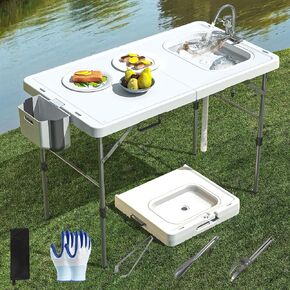 42.5" Fish Cleaning Table with Sink, Folding Camping Table & Fish Cleaning Station with Measure Mark, Camping Sink with Hose Hookup for Outdoor Picnic, Beach, Dock & Patio Use