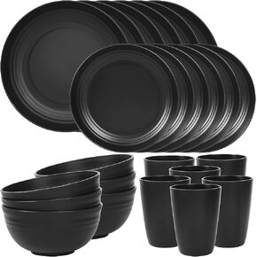 Quatish 24 Piece Plates and Bowls Sets of 6, Unbreakable Wheat Straw Dinnerware Sets, Plastic Dish Set for Camping, Dishwasher Microwave Safe, Outdoor Kitchen and Apartment Dinning Essentials, Black