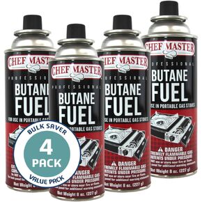 4 x 8oz. Butane Fuel Canister, Tin Fuel Refill for Kitchen Torch, Portable Camp Stove, Butane Camp Stove, Tin Canister for Picnics, Outdoor Cooking & Grilling & Camping Essentials by Chef Master 90340