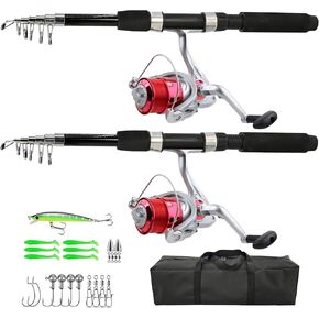 Fishing Pole, 6.9ft 2Pcs Collapsible Fishing Rods Set, Carbon Fiber Fishing Rod, 12 +1 Shielded Bearings Stainless Steel BB Spinning Reels Fishing Carrier Bag for Travel Saltwater Freshwater