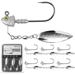 6-Pack Underspin Jig Heads with 100% Brass Blade (Never Rust) - 3/16oz, 1/4oz, 3/8oz, 1/2oz - Bass & Saltwater Fishing