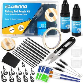 PLUSINNO Fishing Pole & Rod Repair Kit,Complete Supplies for Fishing Pole Tip Replacement with Epoxy Glue,Carbon Fiber Sticks,Top Eyelets and Wrapping Thread.