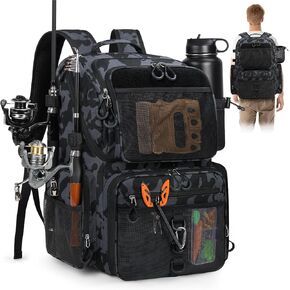 RAINSMORE 45L Fishing Backpack with Rod Holders & Rain Cover Large Water Resistant Fishing Tackle bag Store Fishing Gear