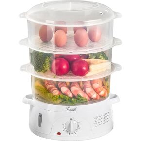 Rosewill Electric Food Steamer with 3 Tiers BPA-Free Stackable, Dishwasher Safe Baskets, 800W with fast steam heating within 40s, Auto shut-off and 60-min timer, 9.5 Quarts Capacity, White