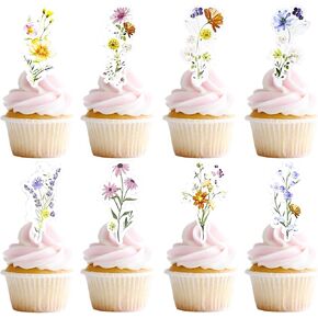 60 Pcs Flower Birthday Cupcake Toppers Wildflower Cupcake Toppers for Bridal Shower Women Garden Floral Fairy Party Decor 2025 Graduation Prom Party Cake Decorations